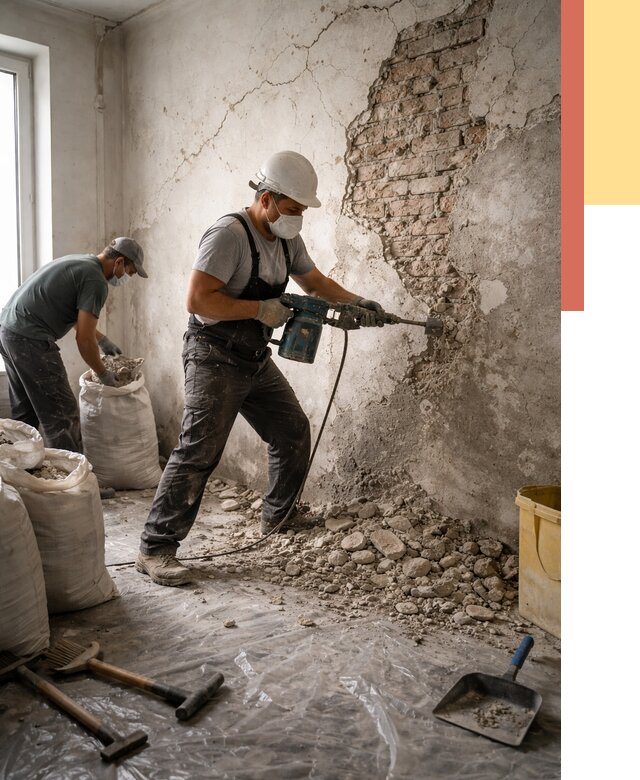 Демонтаж штукатурки со стен в Гусь-Хрустальном от 7703 руб/м² — быстро и недорого | ОТДЕЛОЧНИК-Гсь
