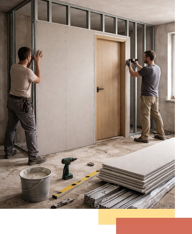 Перегородка из гипсокартона с дверью под ключ в Гусь-Хрустальном