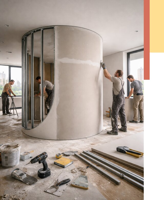 Радиусная перегородка из гипсокартона в Гусь-Хрустальном от 3102 руб. под ключ | ОТДЕЛОЧНИК-Гсь