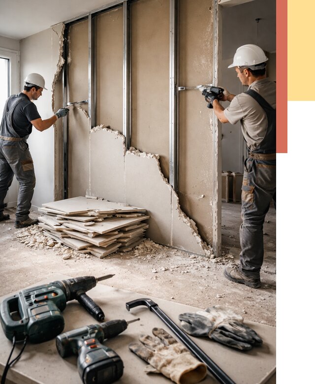 Демонтаж перегородки из гипсокартона в Гусь-Хрустальном от 1284 руб. быстро и недорого | ОТДЕЛОЧНИК-Гсь