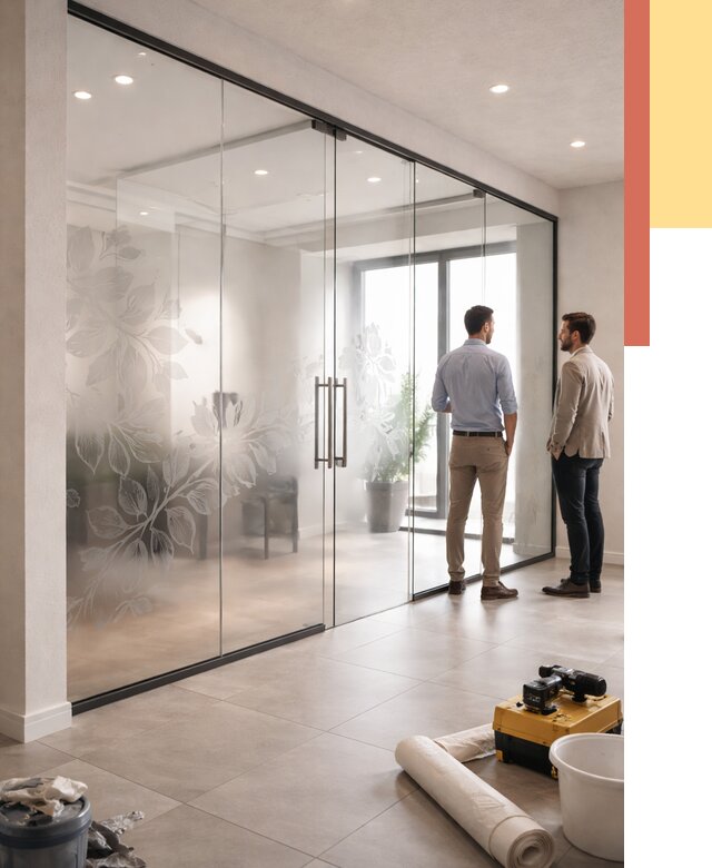 Стеклянные перегородки с рисунком в Гусь-Хрустальном от 13373 руб. монтаж и нанесение | ОТДЕЛОЧНИК-Гсь