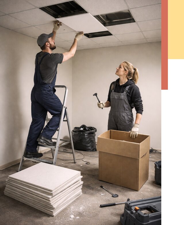 Демонтаж потолочной плитки в Гусь-Хрустальном от 4814 руб. быстро и недорого | ОТДЕЛОЧНИК-Гсь