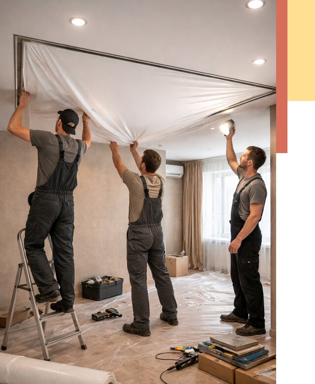 Монтаж ПВХ натяжного потолка в Гусь-Хрустальном от 3744 руб. под ключ | ОТДЕЛОЧНИК-Гсь