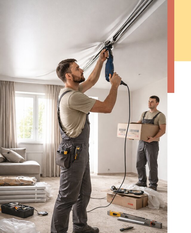 Монтаж сатинового натяжного потолка в Гусь-Хрустальном от 3744 руб. | Быстро, недорого — ОТДЕЛОЧНИК-Гсь