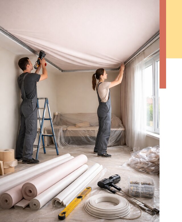 Монтаж цветного натяжного потолка в Гусь-Хрустальном от 4493 руб/м² — быстро и недорого | ОТДЕЛОЧНИК-Гсь