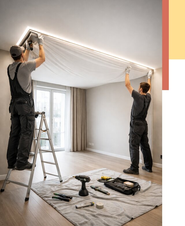 Монтаж парящего натяжного потолка в Гусь-Хрустальном от 4814 руб. быстро и недорого | ОТДЕЛОЧНИК-Гсь