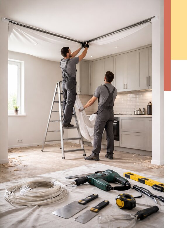 Установка натяжного потолка на кухне в Гусь-Хрустальном от 2568 руб. | ОТДЕЛОЧНИК-Гсь