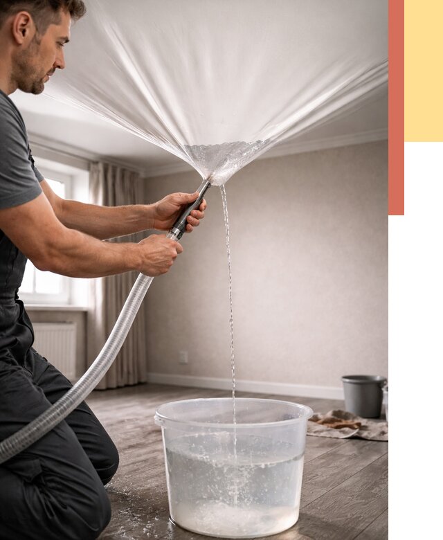 Слив воды с натяжного потолка в Гусь-Хрустальном от 2675 руб. быстро и недорого | ОТДЕЛОЧНИК-Гсь