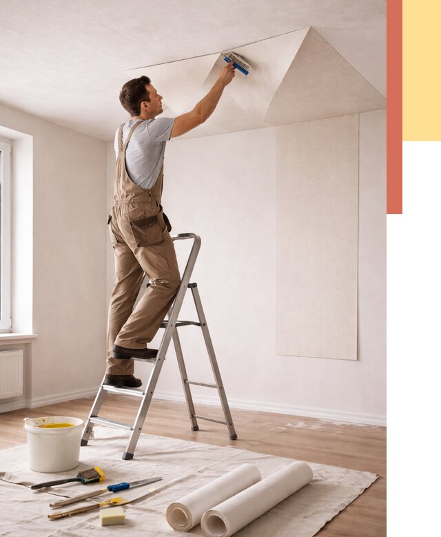 Поклейка обоев на потолок в Гусь-Хрустальном от 4814 руб. быстро и недорого | ОТДЕЛОЧНИК-Гсь